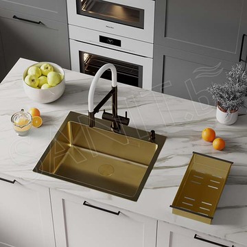 Кухонная мойка Roxen Simple 60 PVD (gold) с коландером и дозатором