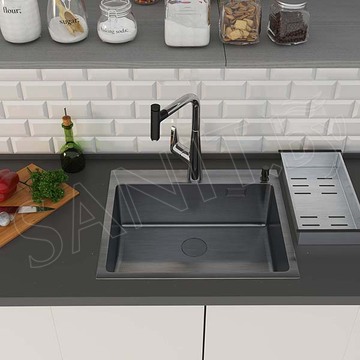 Кухонная мойка Roxen Simple 60 PVD (графит) с коландером, дозатором и смесителем с подключением к фильтру воды