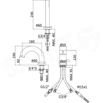 Смеситель на борт ванны Paffoni Light LIG047NO на 3 отверстия