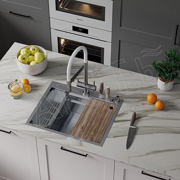 Кухонная мойка Roxen Stage 60 в комплекте с держателем для ножей, двумя коландерами, разделочной доской и дозатором