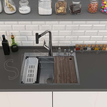 Кухонная мойка Roxen Stage 60 PVD (графит) в комплекте с держателем для ножей, двумя коландерами, разделочной доской и дозатором