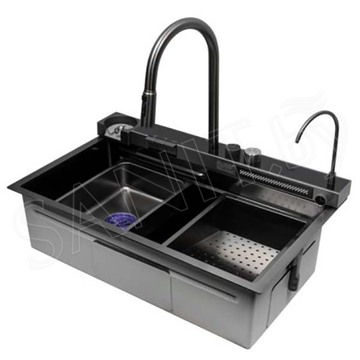 Кухонная мойка Arfeka Sensor Eco AR 75 Black Nano со смесителем, ринзером, двумя коландерами и разделочной доской