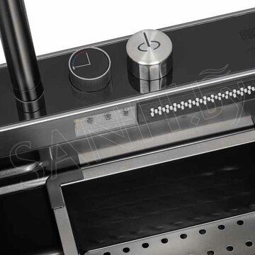 Кухонная мойка Arfeka Sensor Eco AR 75 Black PVD Nano / Black PVD Nano Decor со смесителем, ринзером, двумя коландерами и разделочной доской