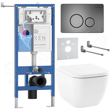 Комплект инсталляции Roxen StounFix Dual Fresh с креплениями, металлической кнопкой Steel и унитазом Lavinia Boho One Rimless 3302004R