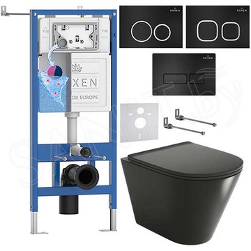 Комплект инсталляции Roxen StounFix Dual Fresh с удлиненными креплениями, аромадозатором, черной кнопкой смыва и унитазом Grossman GR-4477BMS