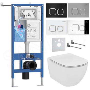 Комплект инсталляции Roxen StounFix Dual Fresh с удлиненными креплениями, аромадозатором, кнопкой Santi 410280 и унитазом Ideal Standard Tesi Aquablade T007901