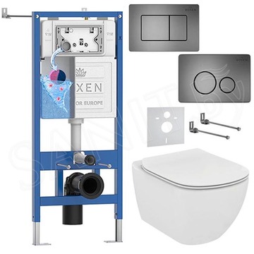 Комплект инсталляции Roxen StounFix Dual Fresh с удлиненными креплениями, аромадозатором, металлической кнопкой Steel и унитазом Ideal Standard Tesi Aquablade T007901