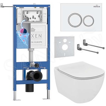 Комплект инсталляции Roxen StounFix Dual Fresh с удлиненными креплениями, аромадозатором, кнопкой смыва Santi 410260 и унитазом Ideal Standard Tesi Aquablade T007901
