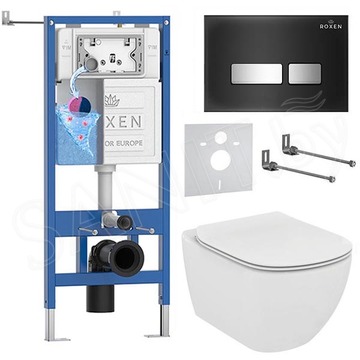 Комплект инсталляции Roxen StounFix Dual Fresh с удлиненными креплениями, аромадозатором, кнопкой смыва Glass 430280 и унитазом Ideal Standard Tesi Aquablade T007901