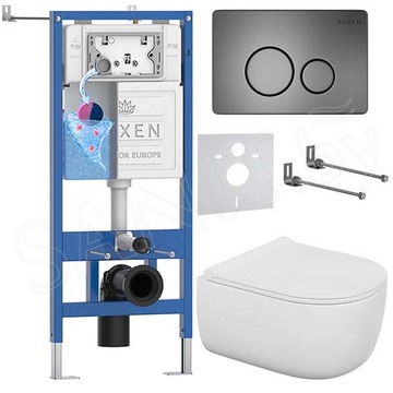 Комплект инсталляции Roxen StounFix Dual Fresh с удлиненными креплениями, аромадозатором, металлической кнопкой Steel и унитазом Bocchi V-Tondo Compacto Rimless