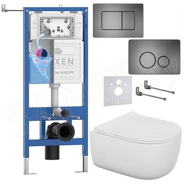 Комплект инсталляции Roxen StounFix Dual Fresh с удлиненными креплениями, аромадозатором, металлической кнопкой Steel и унитазом Bocchi V-Tondo Compacto Rimless