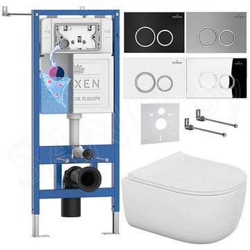 Комплект инсталляции Roxen StounFix Dual Fresh с удлиненными креплениями, аромадозатором, кнопкой смыва Santi 410260 и унитазом Bocchi V-Tondo Compacto Rimless