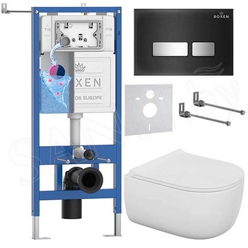 Комплект инсталляции Roxen StounFix Dual Fresh с удлиненными креплениями, аромадозатором, кнопкой смыва Glass 430280 и унитазом Bocchi V-Tondo Compacto Rimless