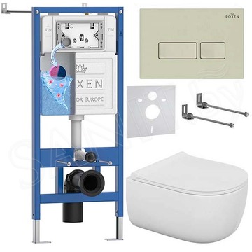 Комплект инсталляции Roxen StounFix Dual Fresh с удлиненными креплениями, аромадозатором, бежевой кнопкой смыва и унитазом Bocchi V-Tondo Compacto Rimless