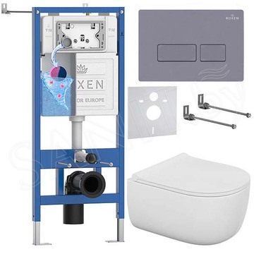 Комплект инсталляции Roxen StounFix Dual Fresh с удлиненными креплениями, аромадозатором, кнопкой смыва в цвете серый бетон и унитазом Bocchi V-Tondo Compacto Rimless