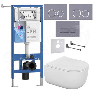 Комплект инсталляции Roxen StounFix Dual Fresh с удлиненными креплениями, аромадозатором, кнопкой смыва в цвете серый бетон и унитазом Bocchi V-Tondo Compacto Rimless