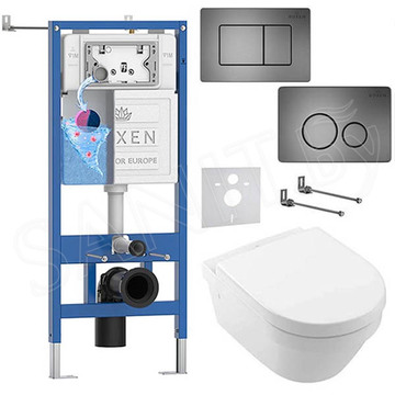Комплект инсталляции Roxen StounFix Dual Fresh с удлиненными креплениями, аромадозатором, металлической кнопкой Steel и унитазом Villeroy&Boch Architectura 4694HR01