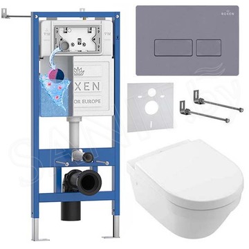 Комплект инсталляции Roxen StounFix Dual Fresh с удлиненными креплениями, аромадозатором, кнопкой смыва в цвете серый бетон и унитазом Villeroy&Boch Architectura 4694HR01
