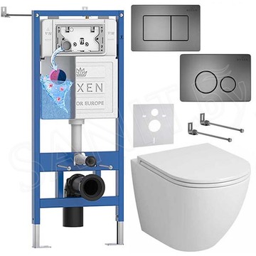 Комплект инсталляции Roxen StounFix Dual Fresh с удлиненными креплениями, аромадозатором, металлической кнопкой Steel и унитазом Grossman GR-4455S