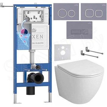 Комплект инсталляции Roxen StounFix Dual Fresh с удлиненными креплениями, аромадозатором, кнопкой в цвете серый бетон и унитазом Grossman GR-4455S