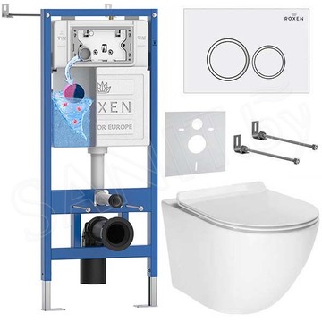 Комплект инсталляции Roxen StounFix Dual Fresh с удлиненными креплениями, аромадозатором, кнопкой Santi 410260 и унитазом AV Engineering Comfort AVWHR203