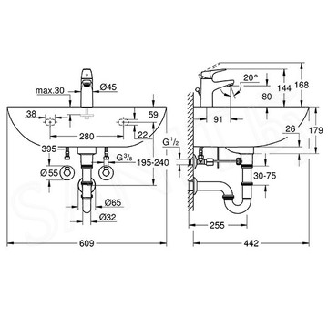 Комплект умывальник Grohe Bau Ceramic 39472000 со смесителем Start Flow и сифоном