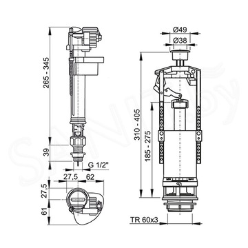 Выпускной комплект AlcaPlast со стоп-кнопкой, впускной механизм SA2000S 1/2" CHROM-BL-01