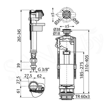 Выпускной комплект AlcaPlast со стоп-кнопкой, впускной механизм SA2000SK 3/8" CHROM