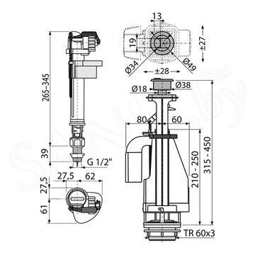 Выпускной комплект AlcaPlast с двойной кнопкой, впускной механизм SA08ASK 1/2" CHROM KERAM-BL-01