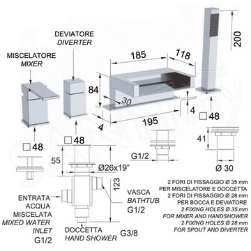 Смеситель на борт ванны Remer Qubika Cascata QC06BO