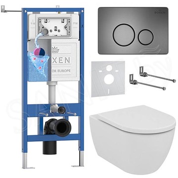 Комплект инсталляции Roxen StounFix Dual Fresh с креплениями, металлической кнопкой Steel и унитазом Ideal Standard Ellisse T569201
