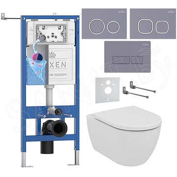 Комплект инсталляции Roxen StounFix Dual Fresh с удлиненными креплениями, аромадозатором, кнопкой смыва в цвете серый бетон и унитазом Ideal Standard Ellisse T569201