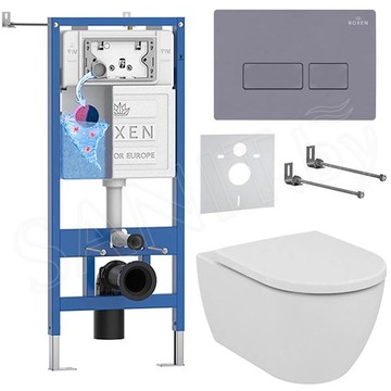 Комплект инсталляции Roxen StounFix Dual Fresh с удлиненными креплениями, аромадозатором, кнопкой смыва в цвете серый бетон и унитазом Ideal Standard Ellisse T569201