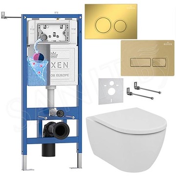 Комплект инсталляции Roxen StounFix Dual Fresh с удлиненными креплениями, кнопкой смыва в цвете золото и унитазом Ideal Standard Ellisse T569201