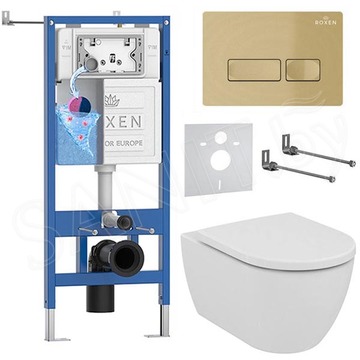 Комплект инсталляции Roxen StounFix Dual Fresh с удлиненными креплениями, кнопкой смыва в цвете золото и унитазом Ideal Standard Ellisse T569201