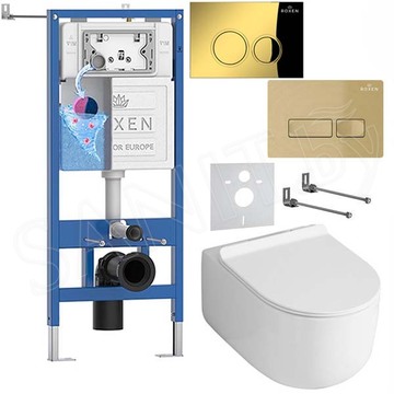 Комплект инсталляции Roxen StounFix Dual Fresh с удлиненными креплениями, кнопкой смыва в цвете золото и унитазом Asten Readle Stella Tornado AR1065