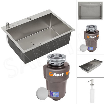 Кухонная мойка Roxen Simple с коландером, дозатором и измельчителем пищевых отходов Bort Titan Max Power 93410266 (Full Control)