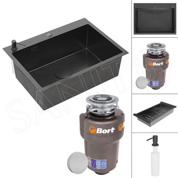 Кухонная мойка Roxen Simple PVD (графит) с коландером, дозатором и измельчителем пищевых отходов Bort Titan Max Power 93410266 (Full Control)