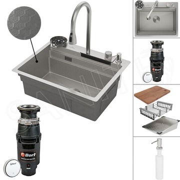 Кухонная мойка Roxen Stage Plus 560250-60-S многофункциональная в комплекте с измельчителем пищевых отходов Bort Master Eco Control 93417999