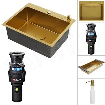Кухонная мойка Roxen Simple 560220-60G PVD (gold) с коландером, дозатором и измельчителем пищевых отходов Bort Caiman 93418064