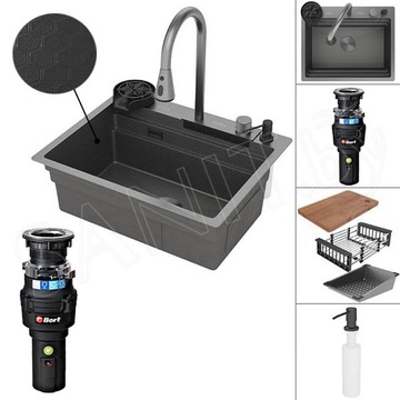 Кухонная мойка Roxen Stage Plus 560250-60-BS PVD (текстурный графит) многофункциональная в комплекте с измельчителем пищевых отходов Bort Caiman 93418064