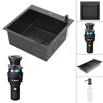 Кухонная мойка Roxen Simple PVD (графит) с коландером, дозатором и измельчителем Bort Caiman 93418064