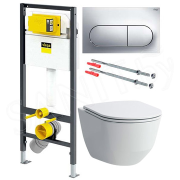 Комплект инсталляции Viega Prevista Dry WC 771973 с кнопкой Visign for Life 6 и унитазом Laufen Pro Rimless 820966 Slim Soft Close