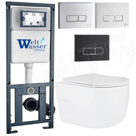 Комплект инсталляции Weltwasser Marberg 410 с кнопкой и подвесным унитазом Roxen Porto 530155-01 Rimless Soft Close