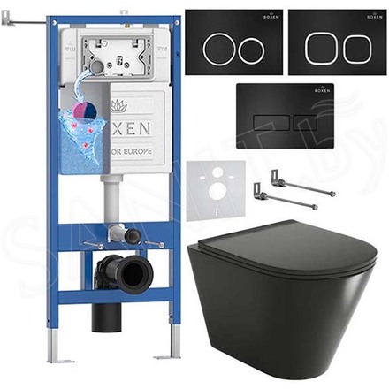 Комплект инсталляции Roxen StounFix Dual Fresh с удлиненными креплениями, аромадозатором, черной кнопкой смыва и унитазом Grossman GR-4477BMS