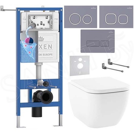 Комплект инсталляции Roxen StounFix Dual Fresh с удлиненными креплениями, аромадозатором, кнопкой смыва в цвете серый бетон и унитазом Lavinia Boho One Rimless 3302004R