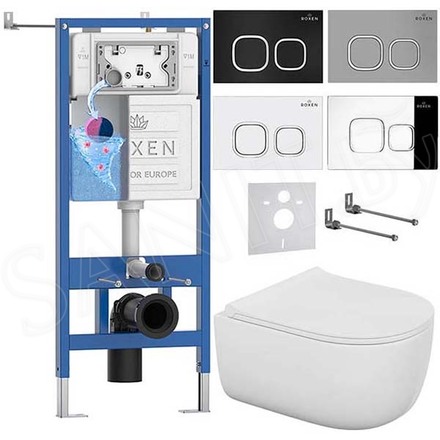Комплект инсталляции Roxen StounFix Dual Fresh с удлиненными креплениями, аромадозатором, кнопкой смыва Santi 410280 и унитазом Bocchi V-Tondo Compacto Rimless