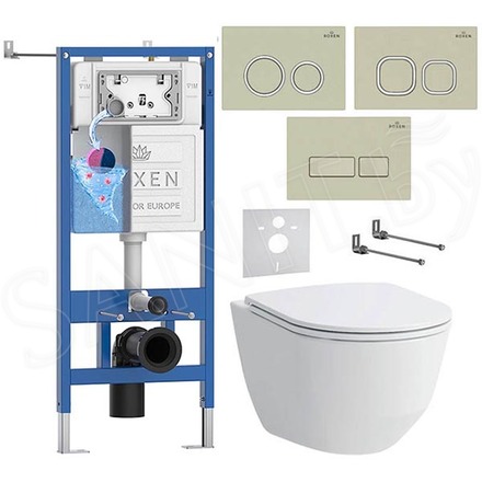Комплект инсталляции Roxen StounFix Dual Fresh с удлиненными креплениями, аромадозатором, бежевой кнопкой смыва и унитазом Laufen Pro Rimless