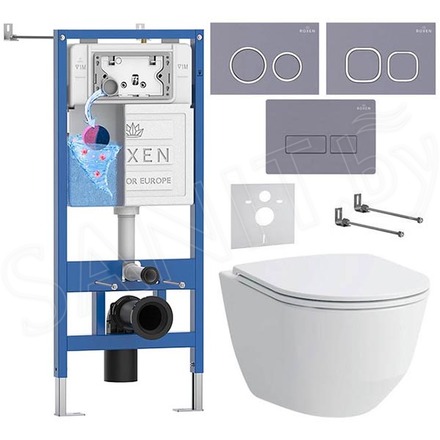 Комплект инсталляции Roxen StounFix Dual Fresh с удлиненными креплениями, аромадозатором, кнопкой смыва в цвете серый бетон и унитазом Laufen Pro Rimless