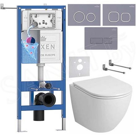 Комплект инсталляции Roxen StounFix Dual Fresh с удлиненными креплениями, аромадозатором, кнопкой в цвете серый бетон и унитазом Grossman GR-4455S
